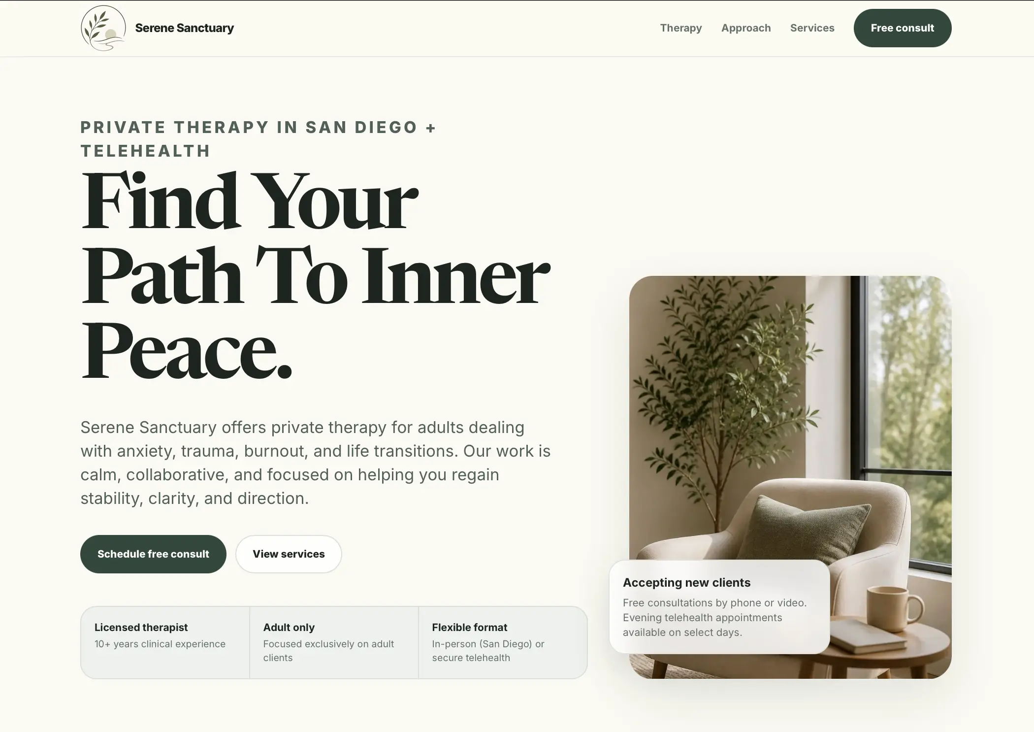 Serene Sanctuary counseling website screenshot